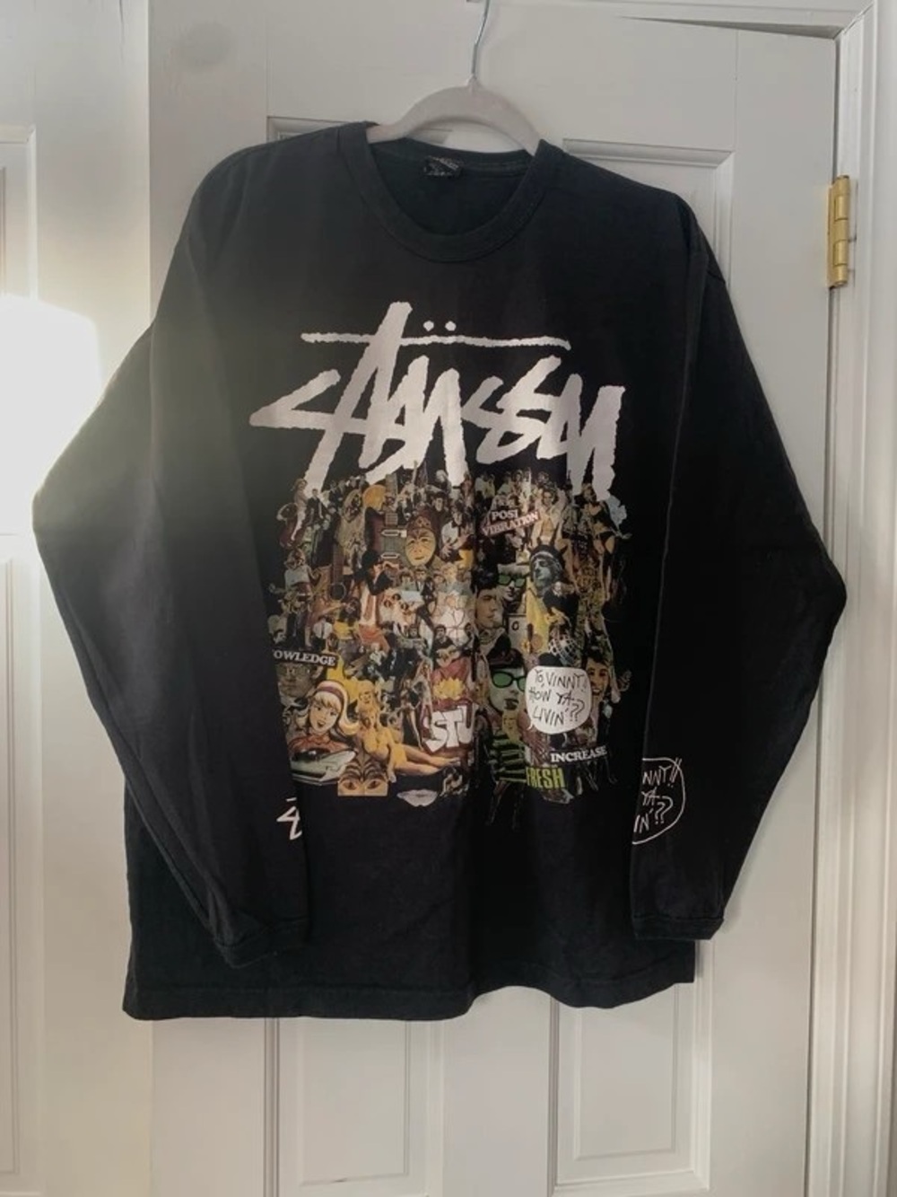 Stussy Black Long-Sleeve Graphic Tee with Multicolor Collage
